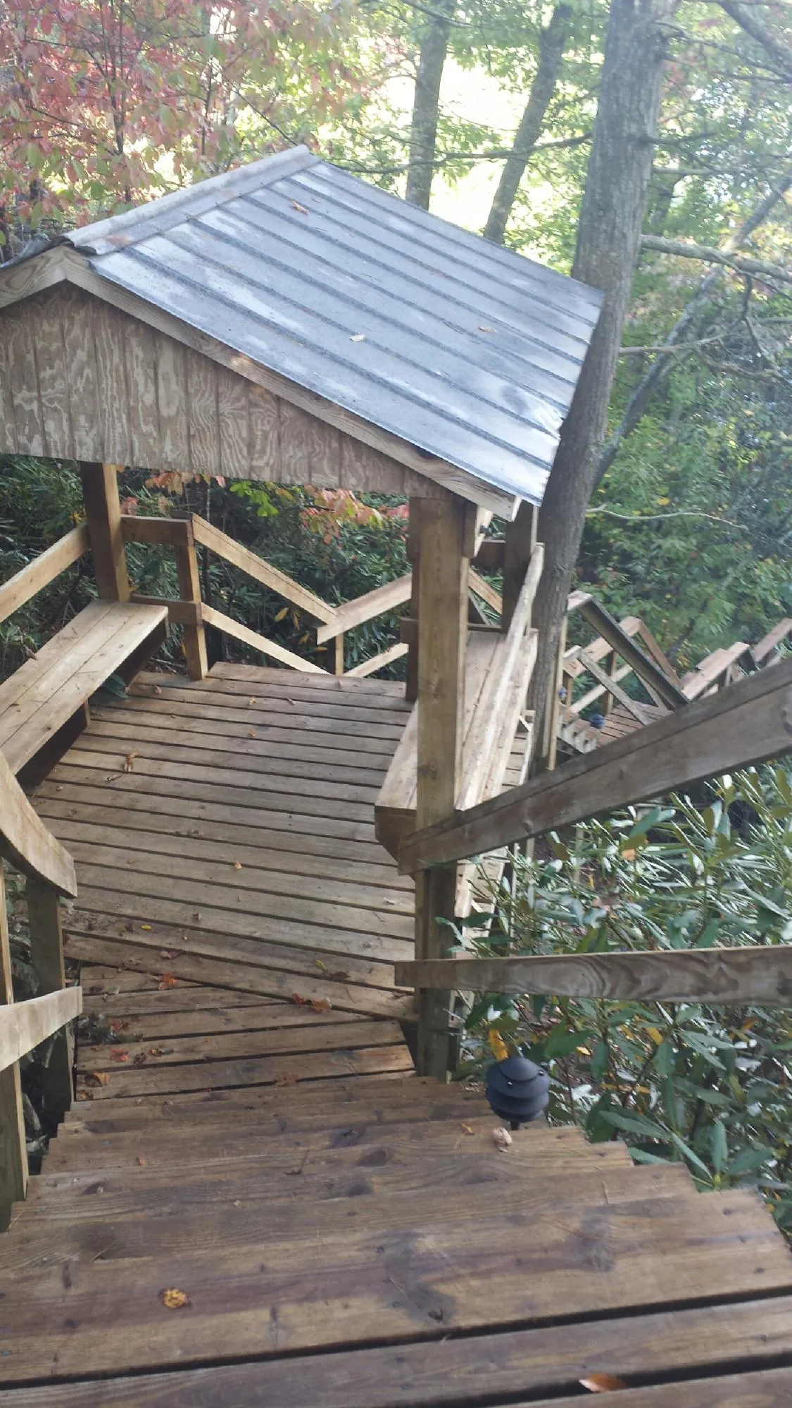 Metal roofed shelter over wooden steps on a wooded walkway — Skylight Repair & Installation work by our crew in Taylorsville
